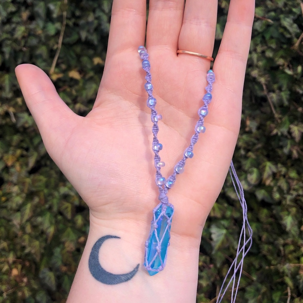 Aqua Aura Quartz Macrame Beaded Necklace - Picture 2 of 8